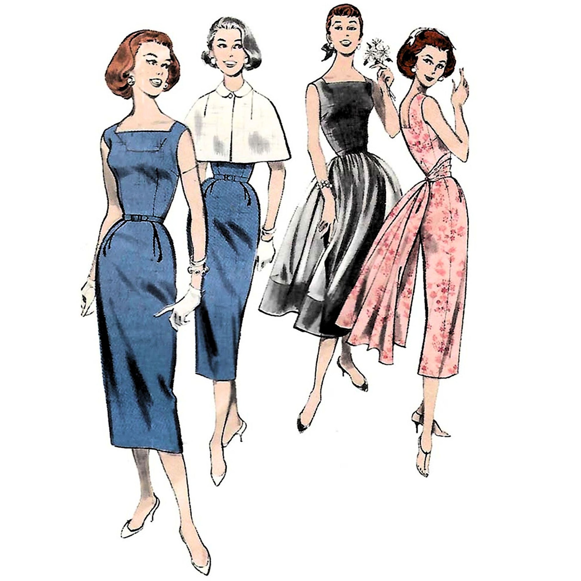 Butterick B8223 sewing pattern illustration of women wearing dresses and a short cape