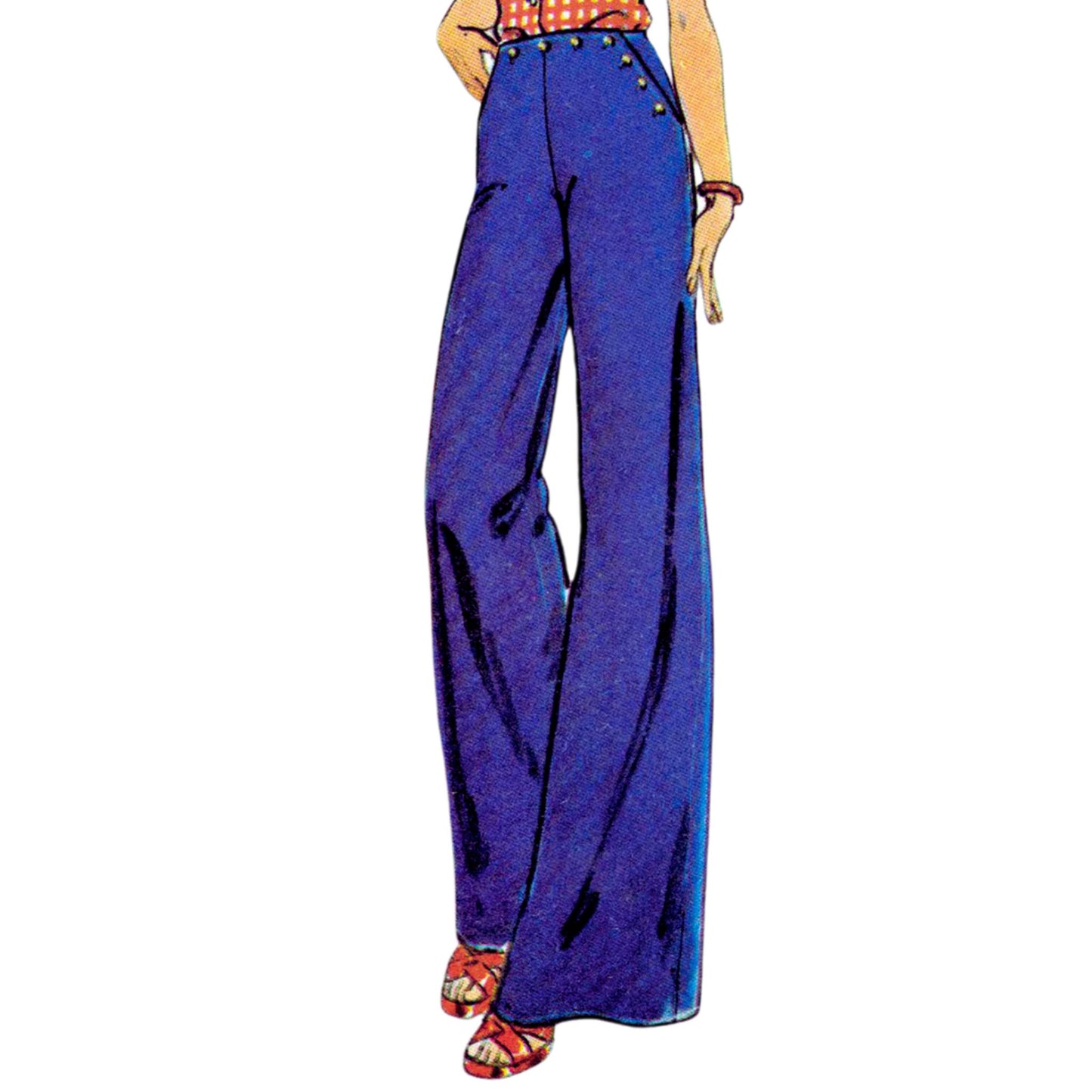 Fashion illustration of women wearing high waisted nautical trousers in 1940s style in white and blue made from Butterick 3752 sewing pattern