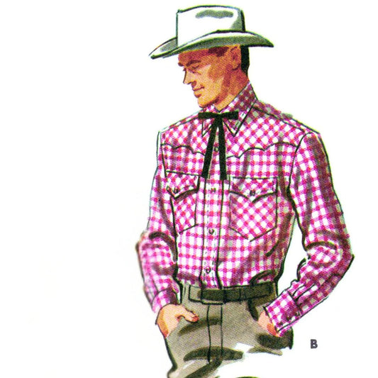 Model wearing western shirt made from McCall’s 2118 pattern