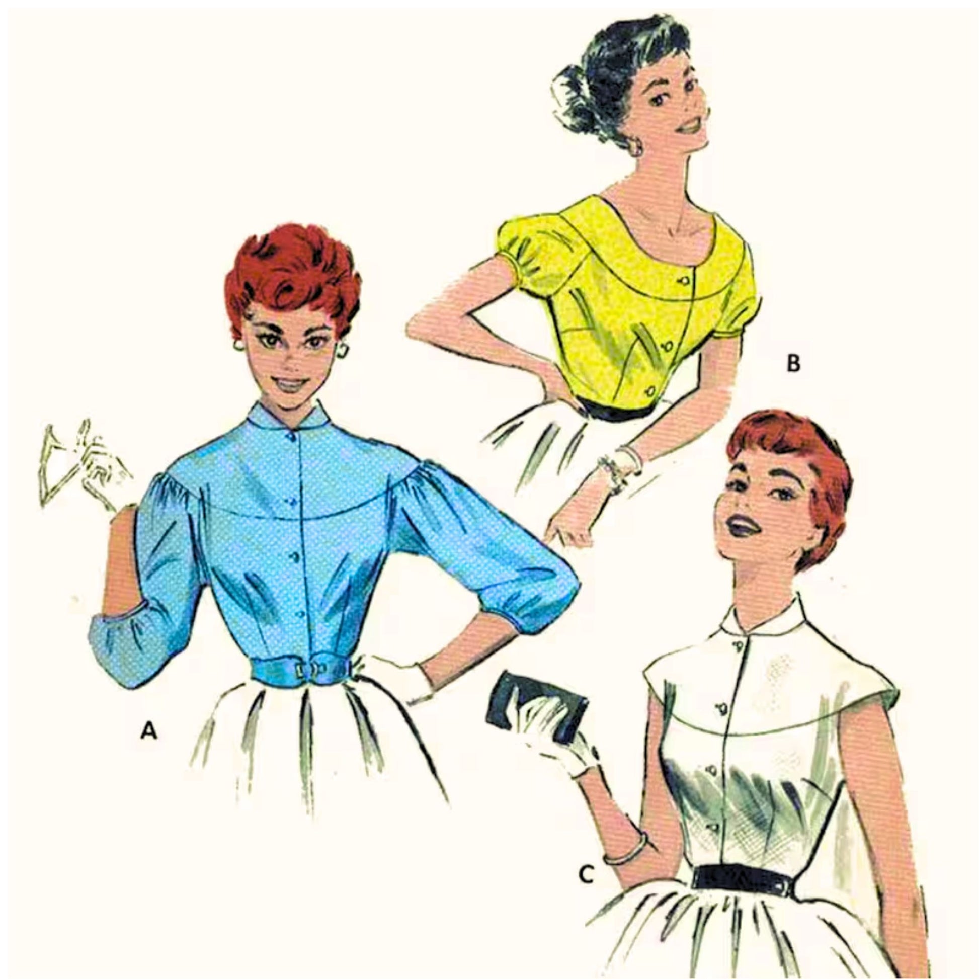 Model wearing 1950s blouse made from Butterick 7162 sewing pattern