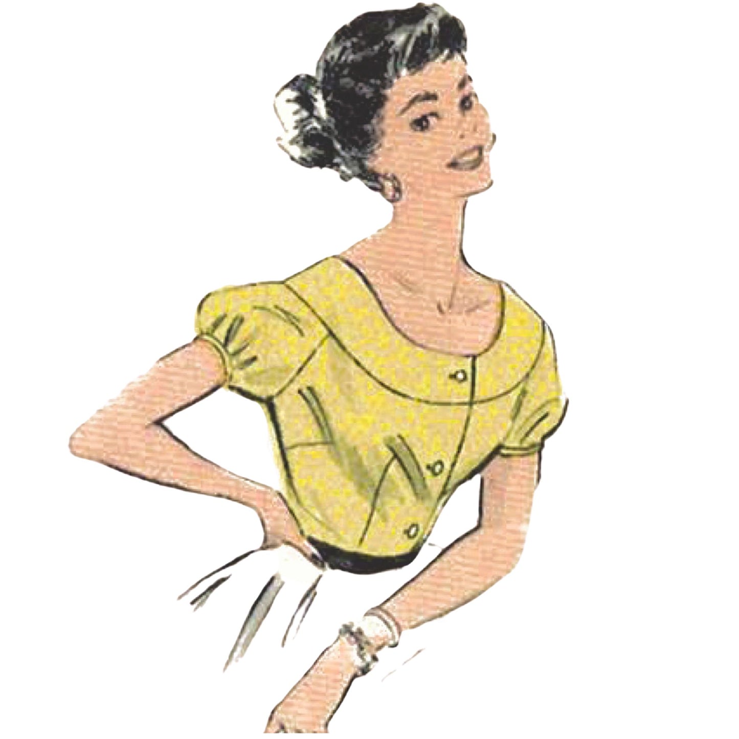 Model wearing 1950s blouse made from Butterick 7162 sewing pattern