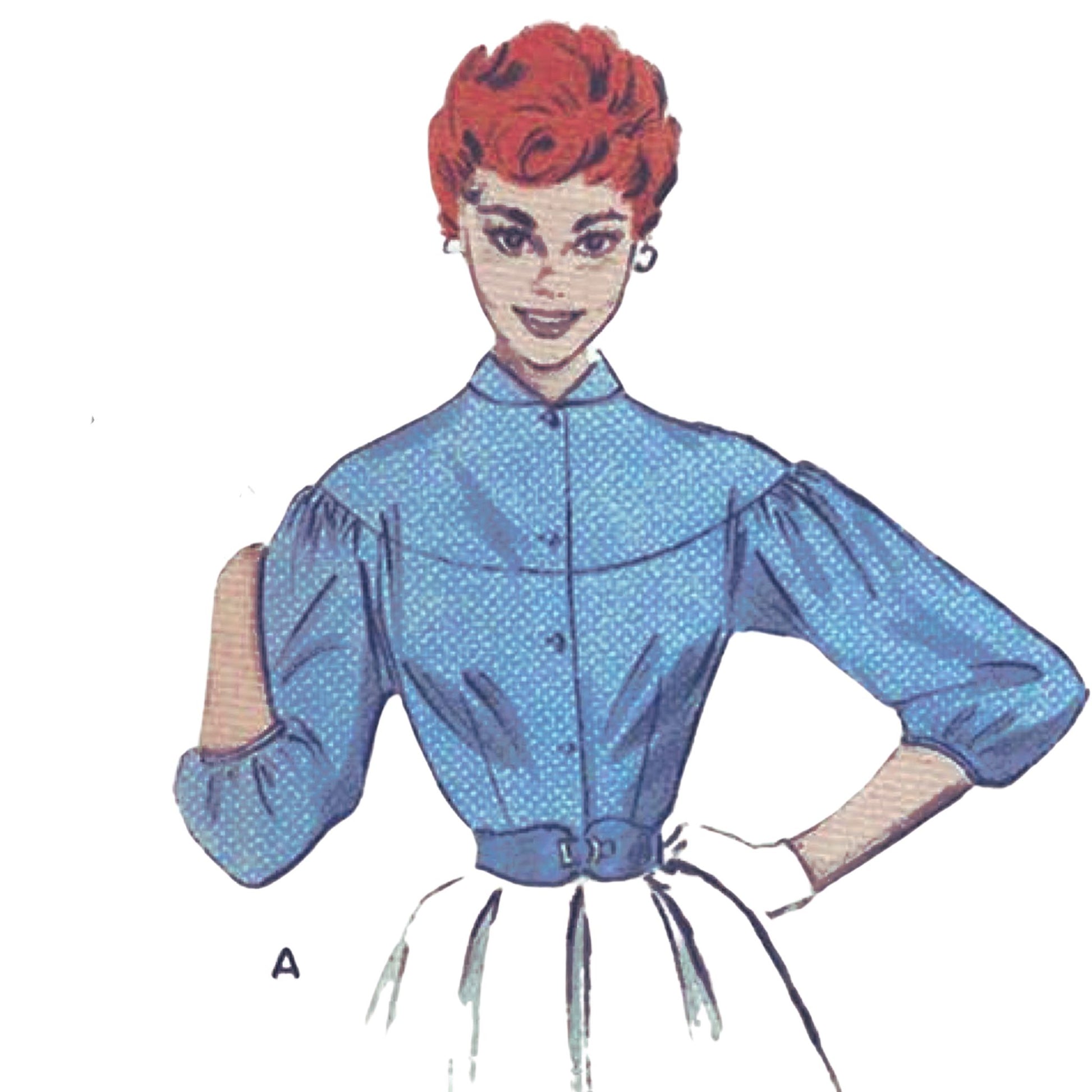 Model wearing 1950s blouse made from Butterick 7162 sewing pattern