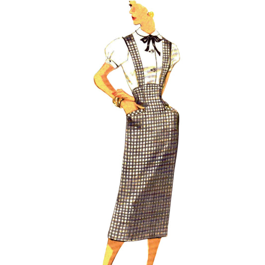 Model wearing skirt with detachable suspenders made from Simplicity 1423 pattern