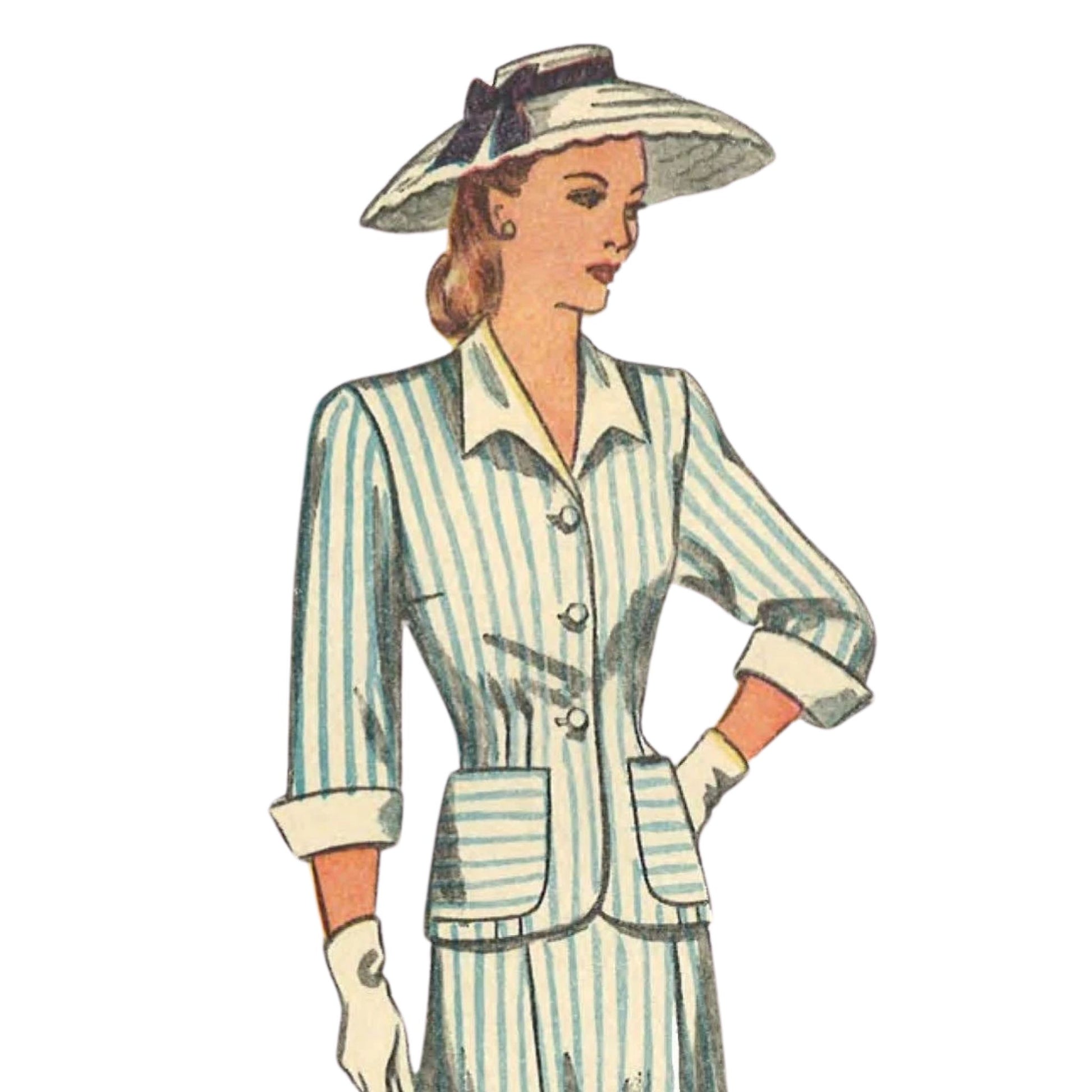 Woman wearing jacket and skirt with long and short sleeves.