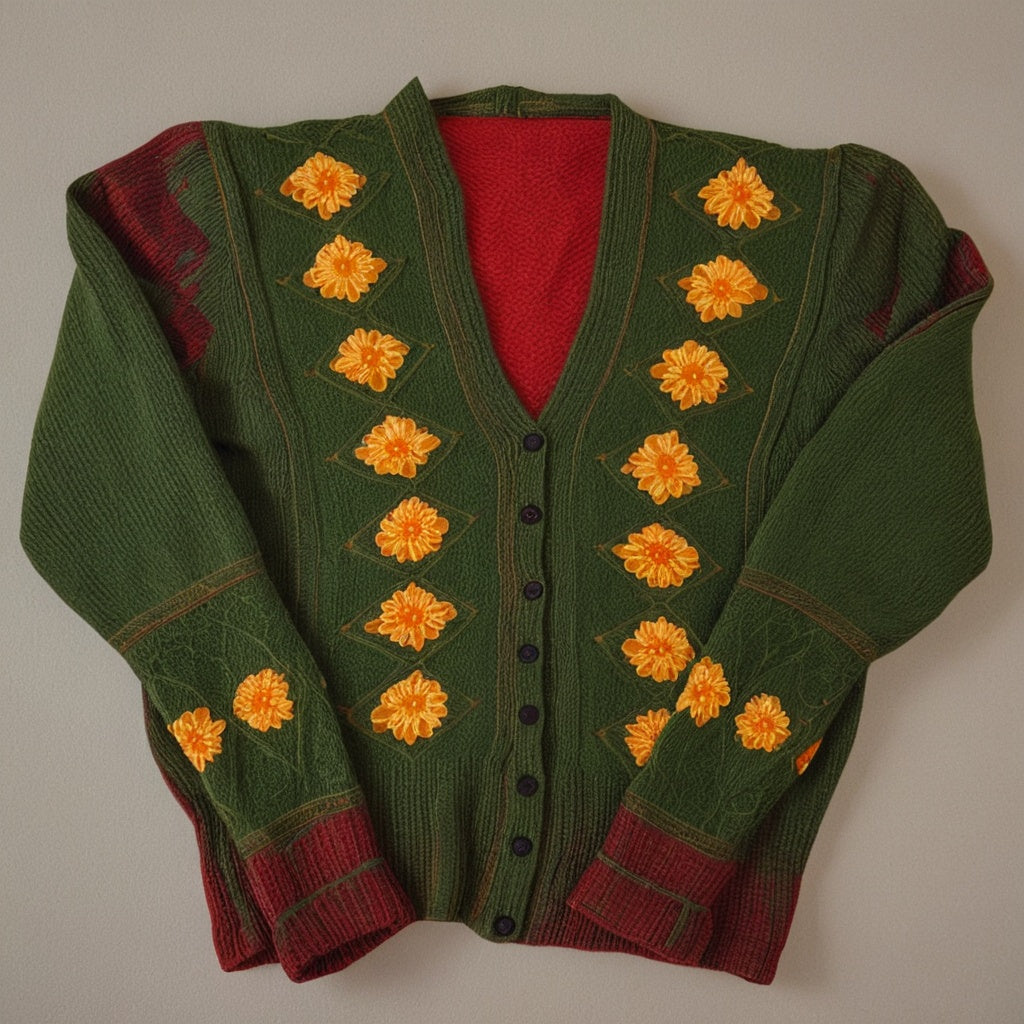 Green cardigan with yellow flower patterns on a plain background