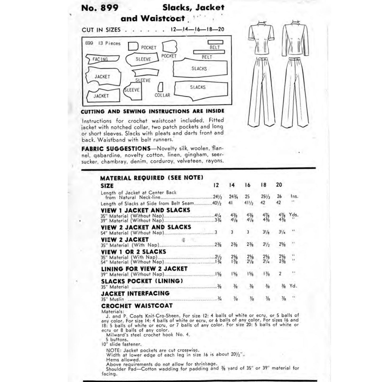 1940's Sewing Pattern Women's Jacket & Slacks Suit - Bust 30" (76cm)