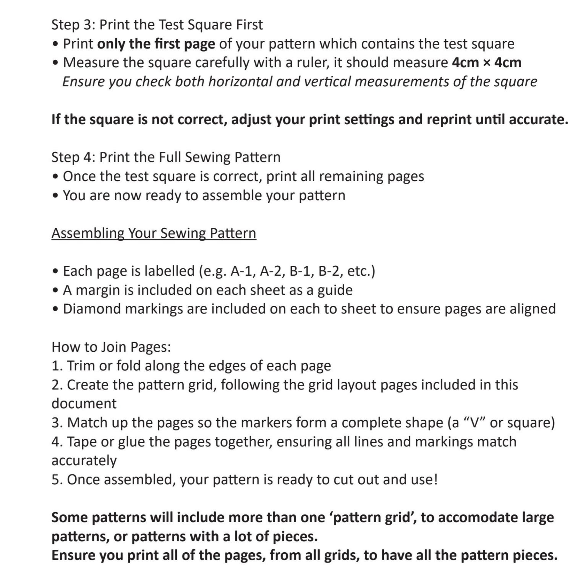 A printed sewing pattern sheet with step-by-step instructions on how to print a test square and assemble pages, shown on a white background.