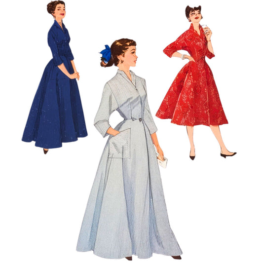 Three women wearing 'Coachman Robe'. Views A and B feature a floor length robe, and View C features a robe that finished just below the knee.