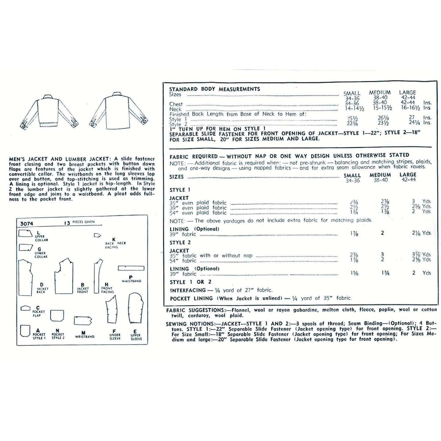 A black-and-white technical specification front sewing pattern cover, showing body measurements, fabric requirements, and labeled front views of a men's jacket and liner jacket with sizing tables.