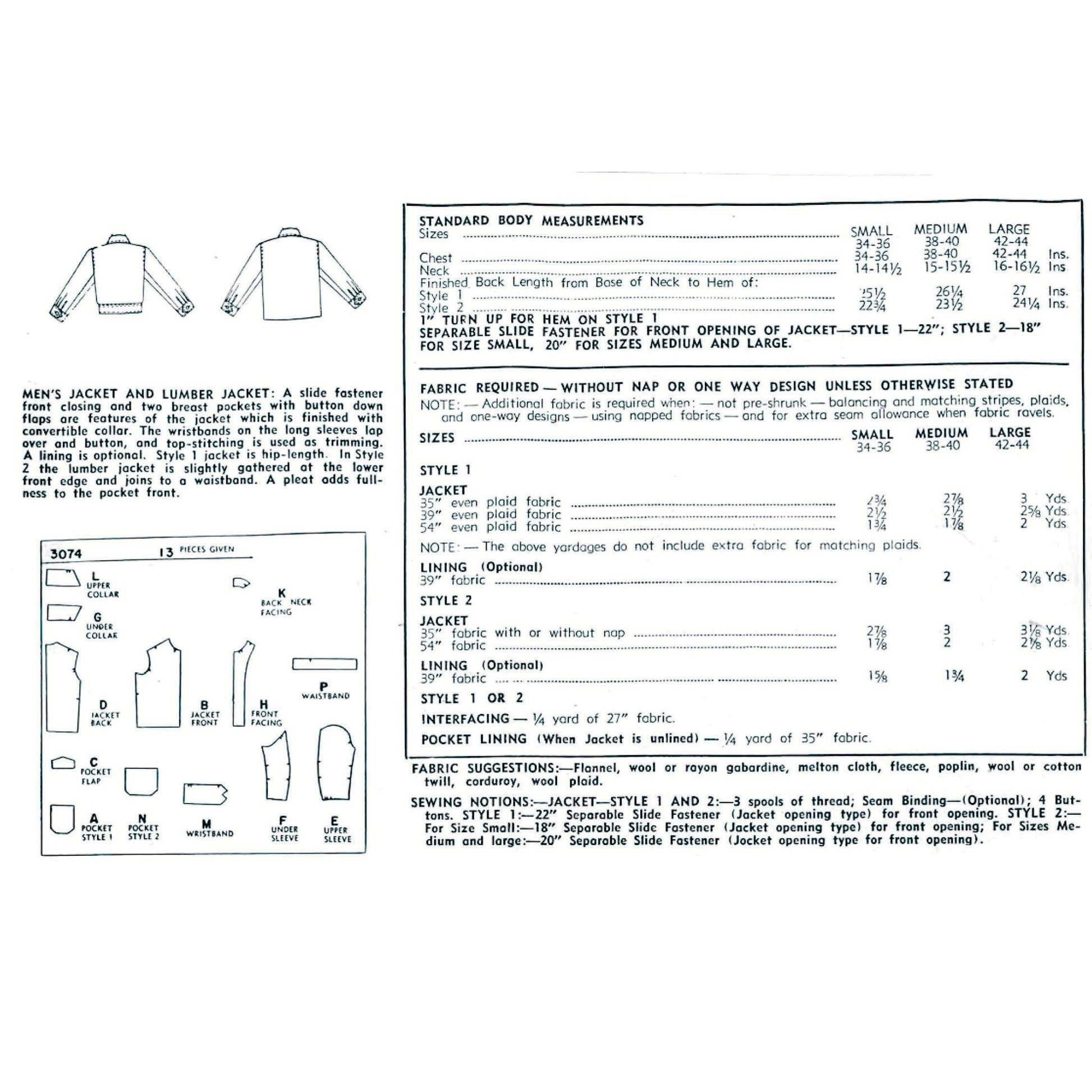 A black-and-white technical specification front sewing pattern cover, showing body measurements, fabric requirements, and labeled front views of a men's jacket and liner jacket with sizing tables.