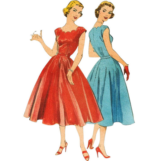 Two women in vintage-style dresses on a white background