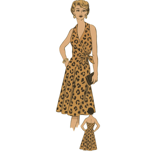 Leopard print dress pattern with a model and back view on a white background