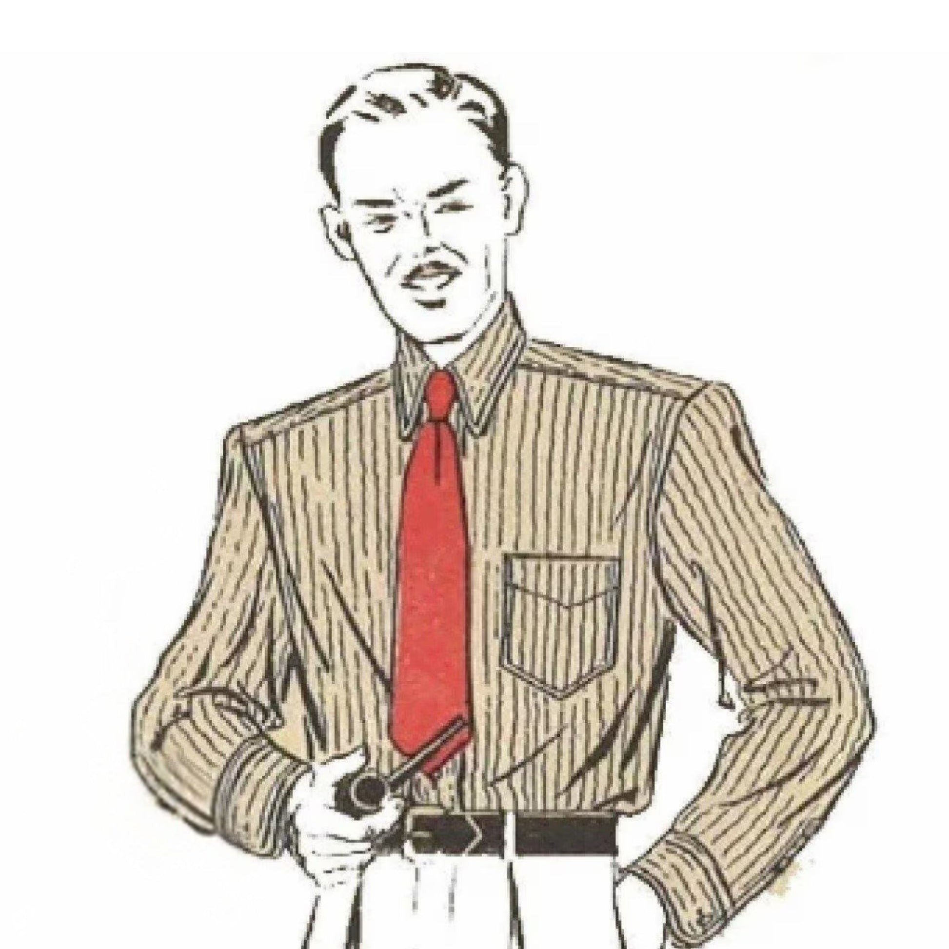 Vintage-style illustration of a man wearing a striped shirt with a red tie and holding a pipe.