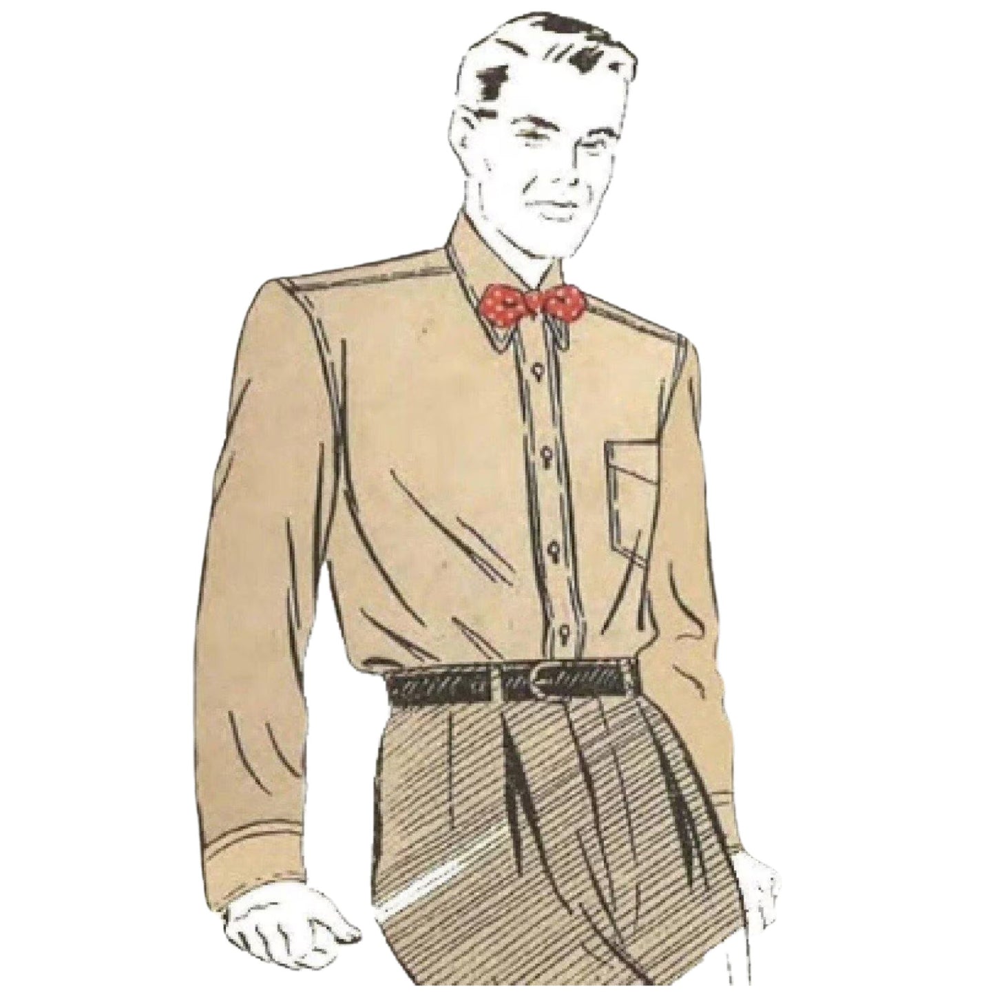 Vintage illustration of a man wearing a beige shirt with a red bow tie on a white background