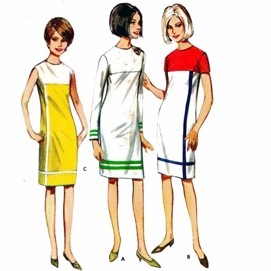 Three women wearing different color combinations of a dress pattern on a white background