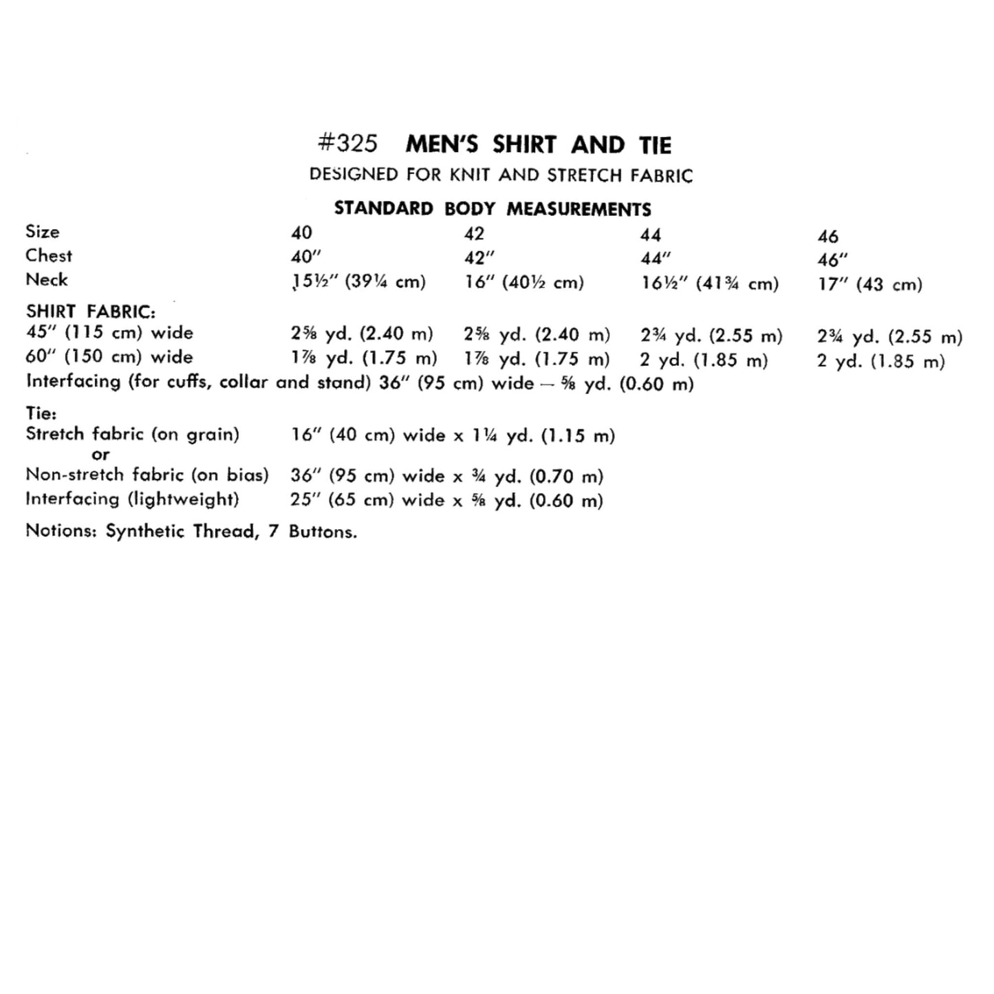 Measurement chart for men's shirt and tie design on a white background