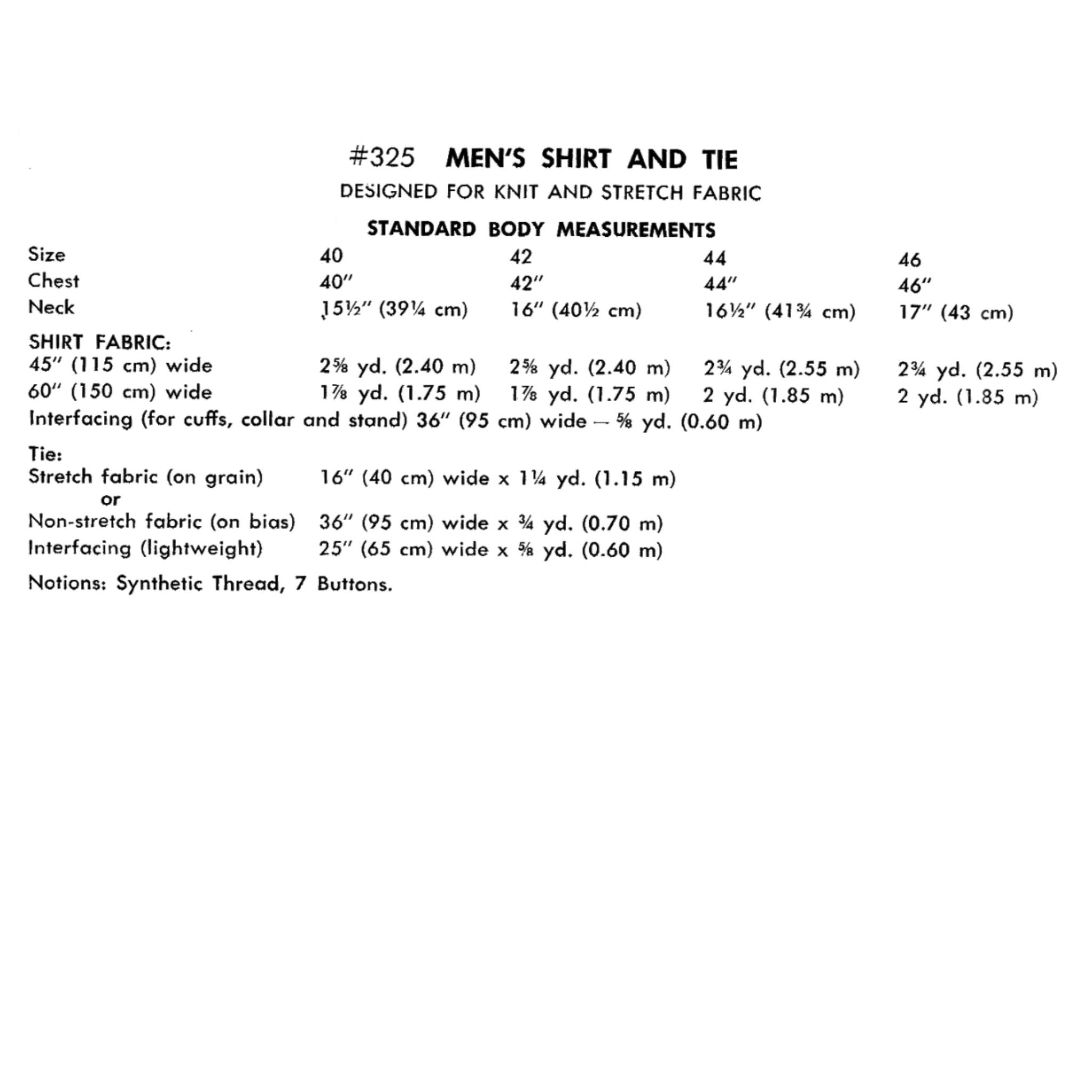Measurement chart for men's shirt and tie design on a white background