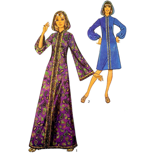PDF - 1960s Sewing Pattern, Caftan Dress, Hood, Two Lengths - Bust 36” (91.4cm) - Download