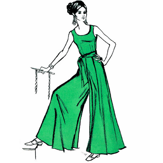 Palazzo Pant Jumpsuit sewing pattern PP180- A dark haired woman modelling the jumpsuit