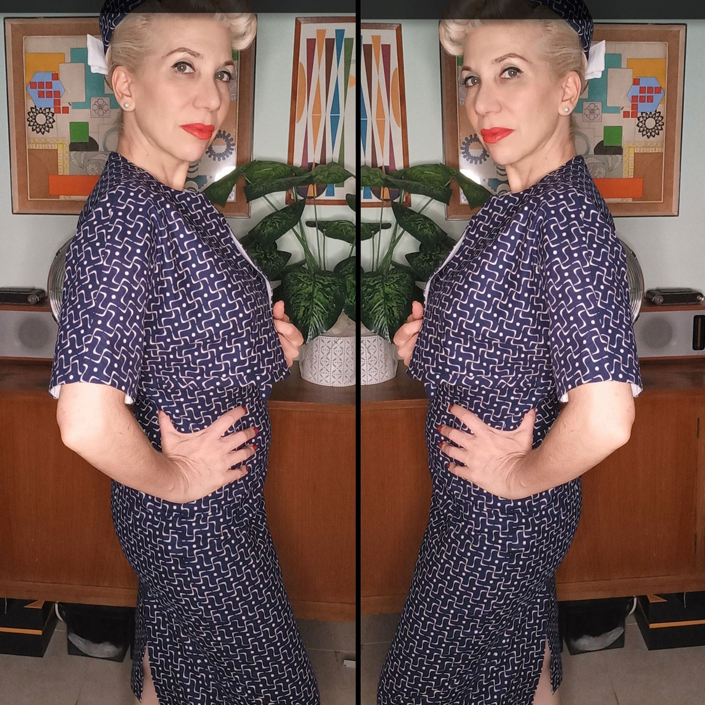 Blonde haired woman wearing a 50s wiggle dress 3035 and matching bolero