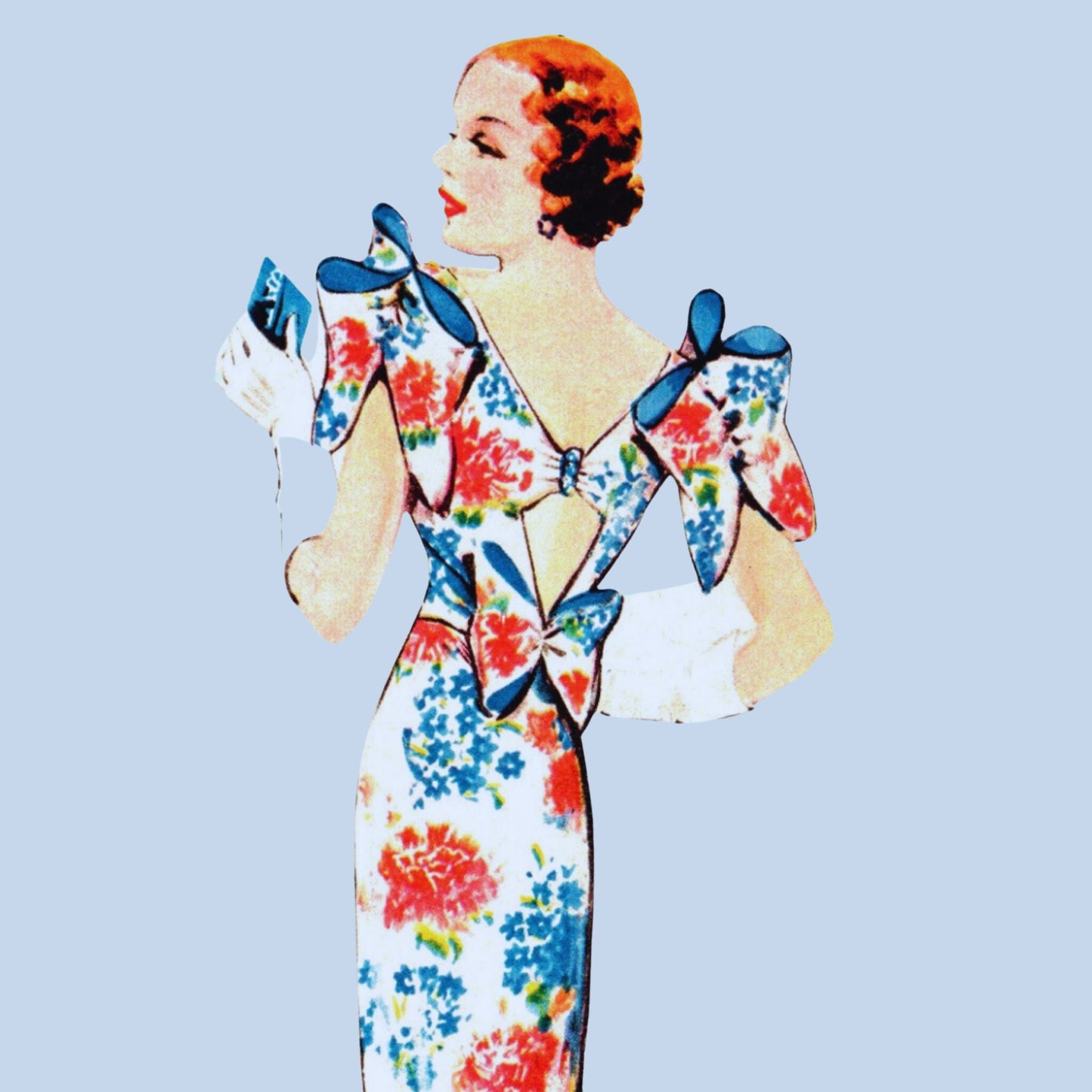 Illustration of a model wearing 1930’s dress in two variations and another wearing a ball gown with bows to back made from Weldons 655 pattern