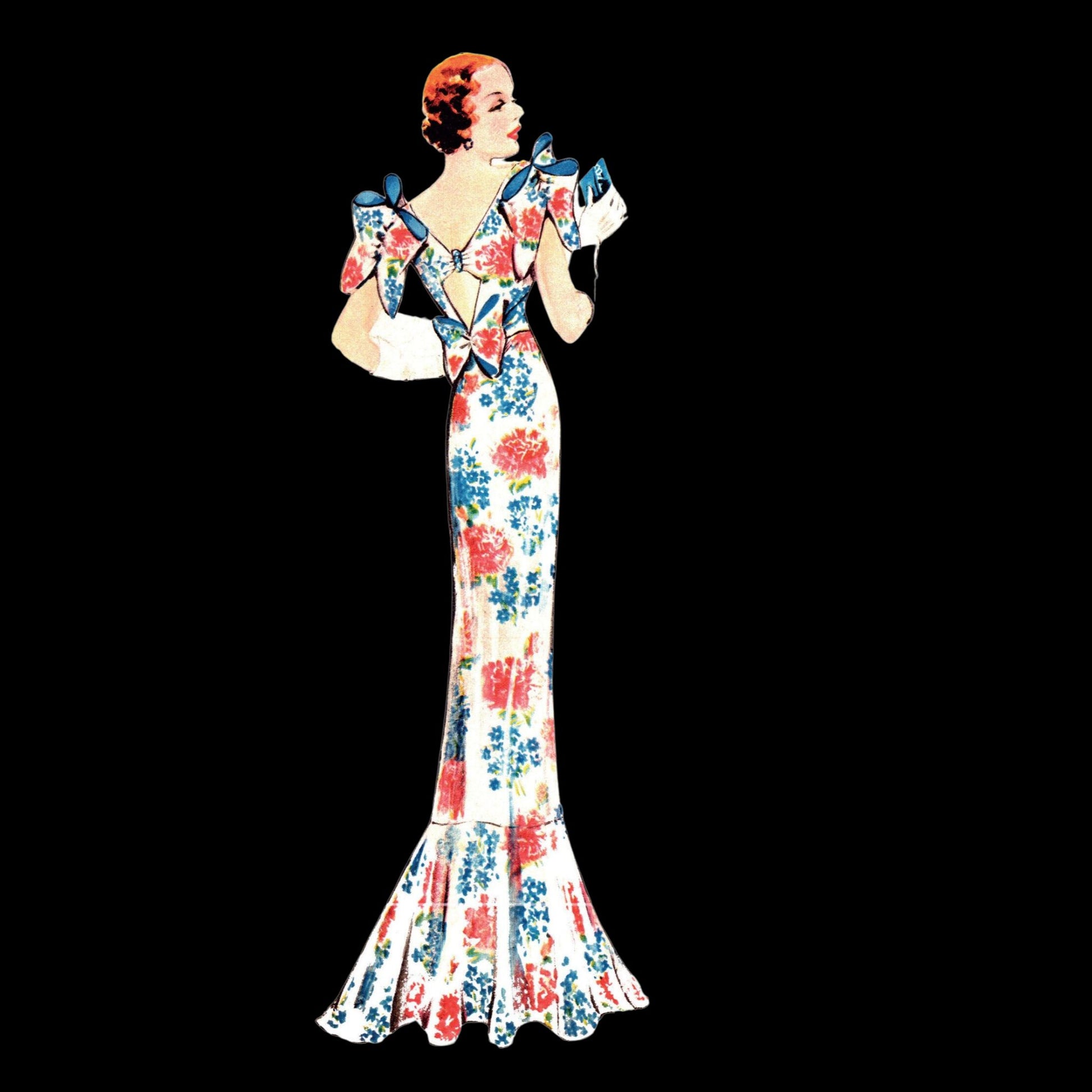 Illustration of a model wearing 1930’s dress in two variations and another wearing a ball gown with bows to back made from Weldons 655 pattern