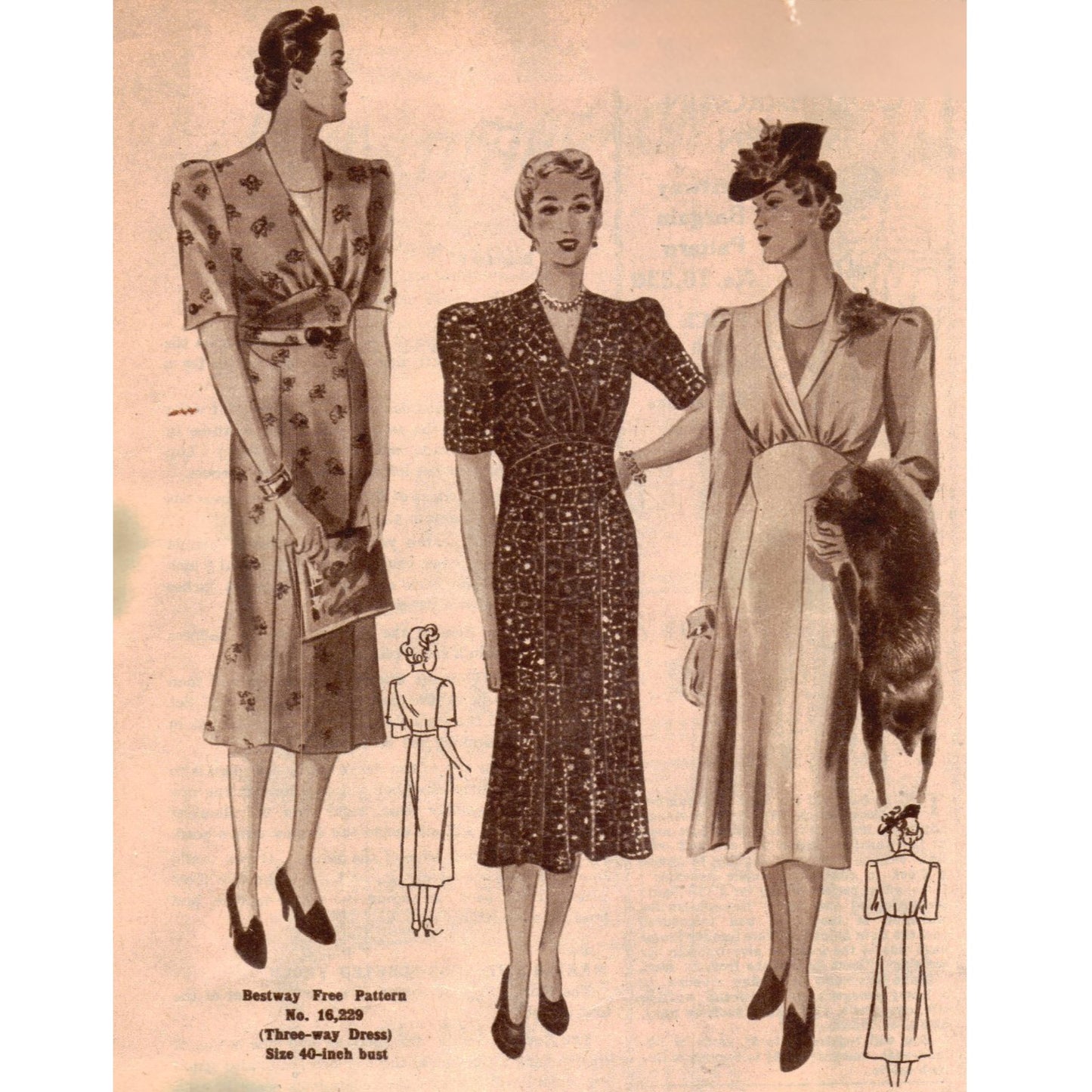 1930年代の縫製パターン 、魅力的な3ウェイドレス - バスト: 40インチ (101cm)