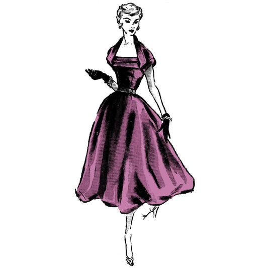 Woman wearing three way purple dress from the 1950s