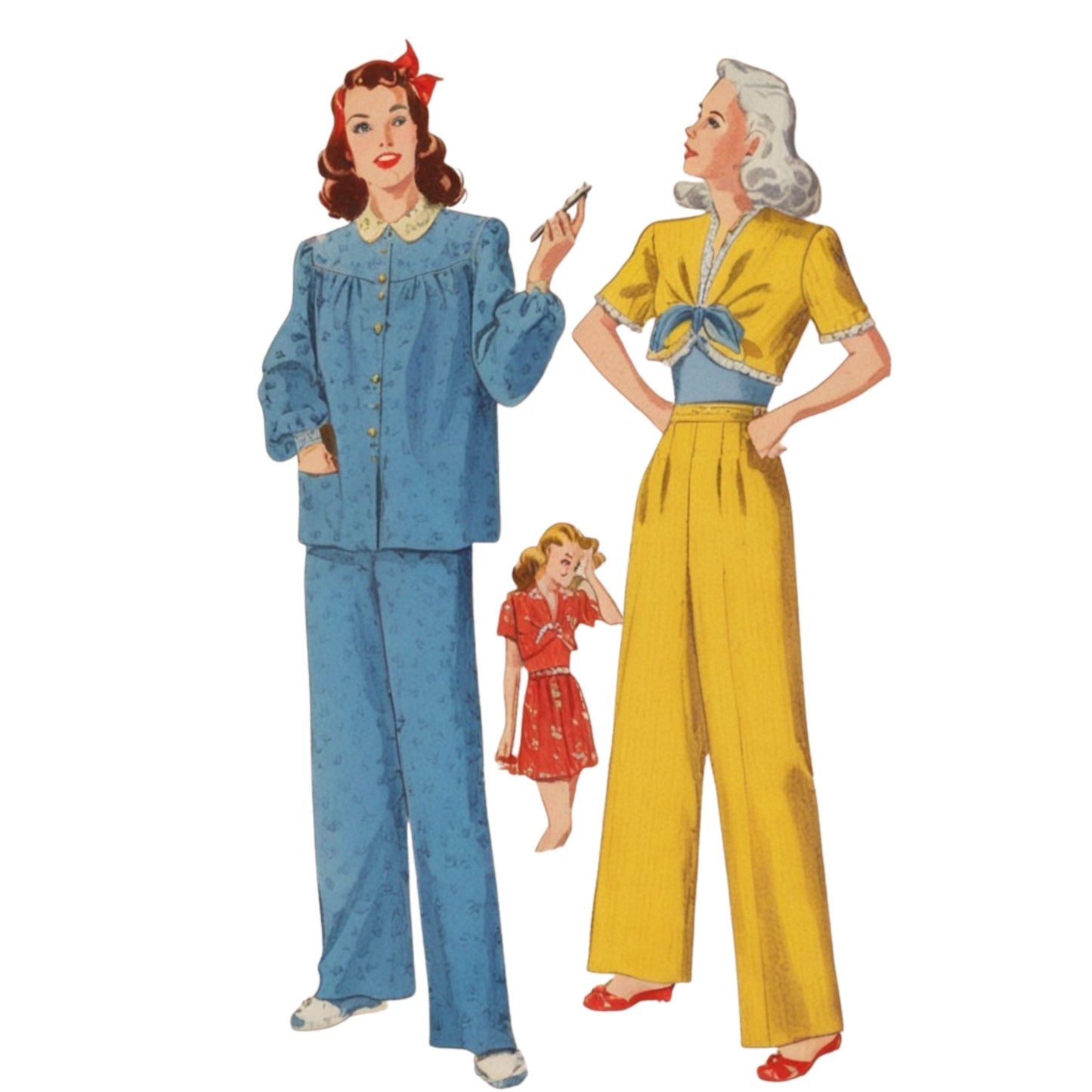 Vintage-style illustration of two women in colorful pyjamas