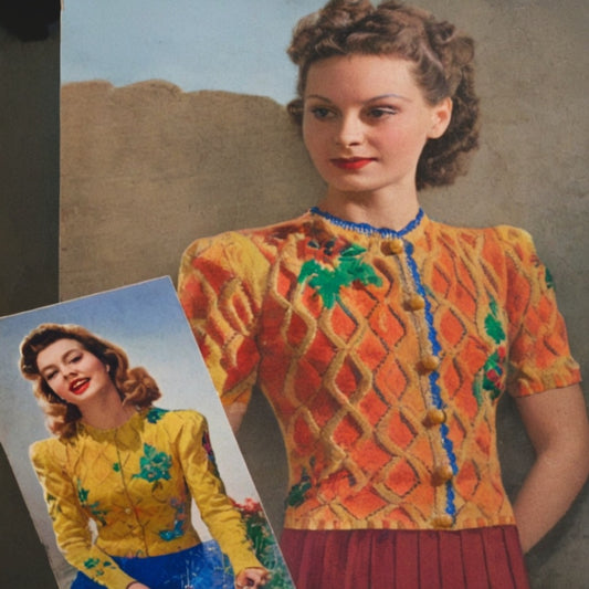 Woman wearing a patterned orange sweater with a smaller inset photo of her in a yellow sweater.