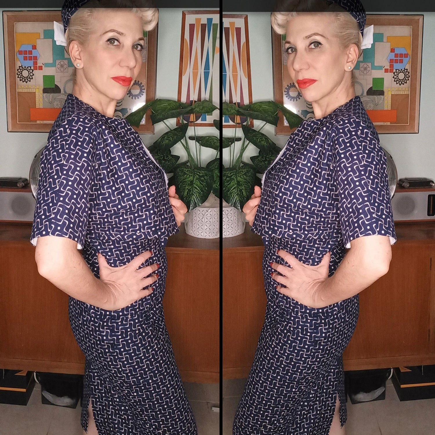 Blonde haired woman wearing a 50s wiggle dress 3035