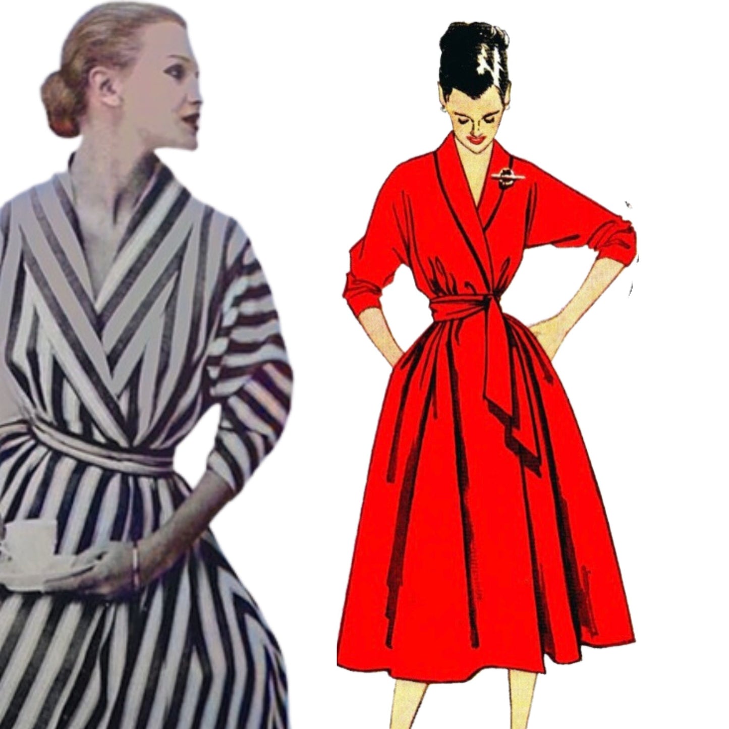 Illustration of a model wearing 1930’s dress in two variations and another wearing a ball gown with bows to back made from Weldons 655 pattern