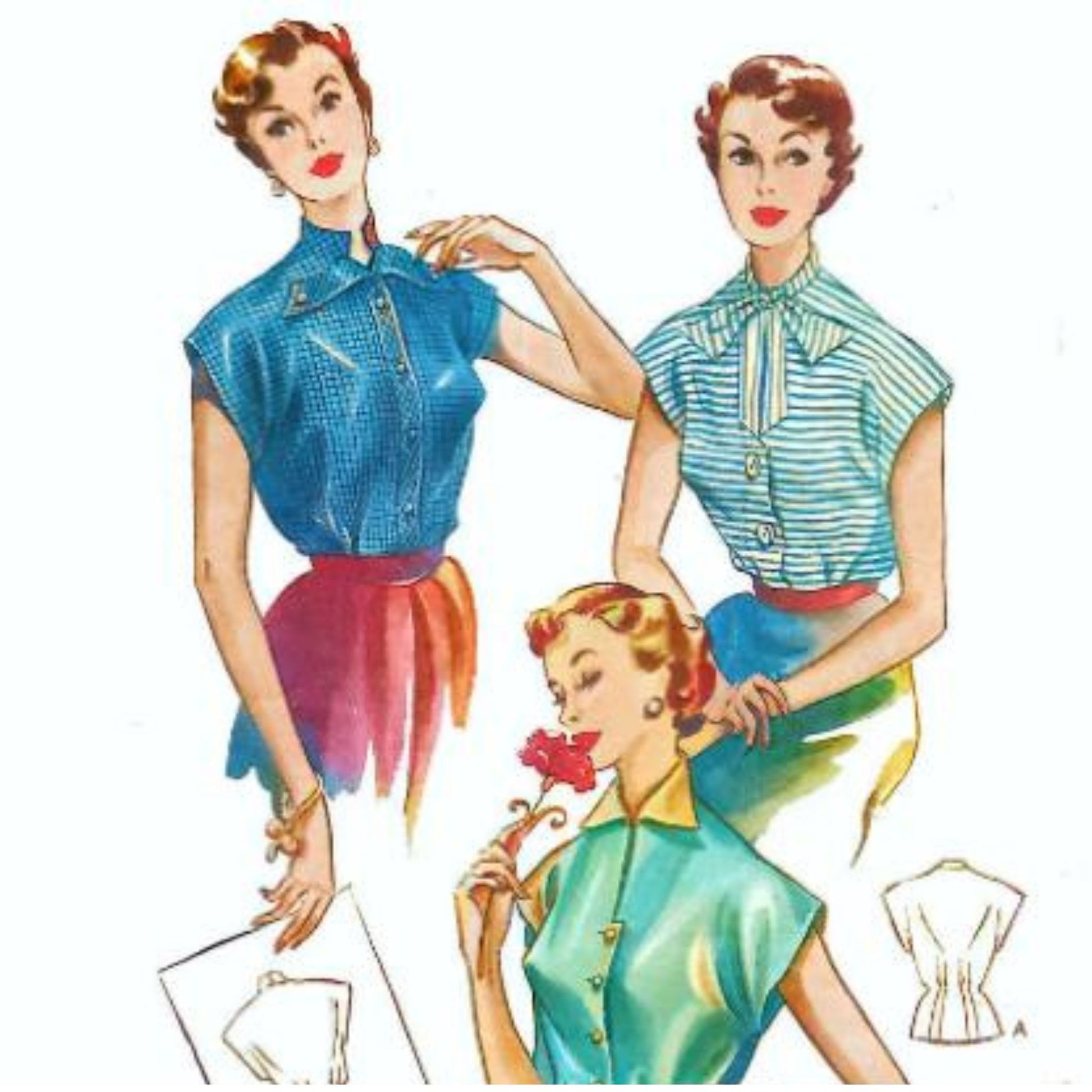 Women wearing 1950s blouses in various styles.