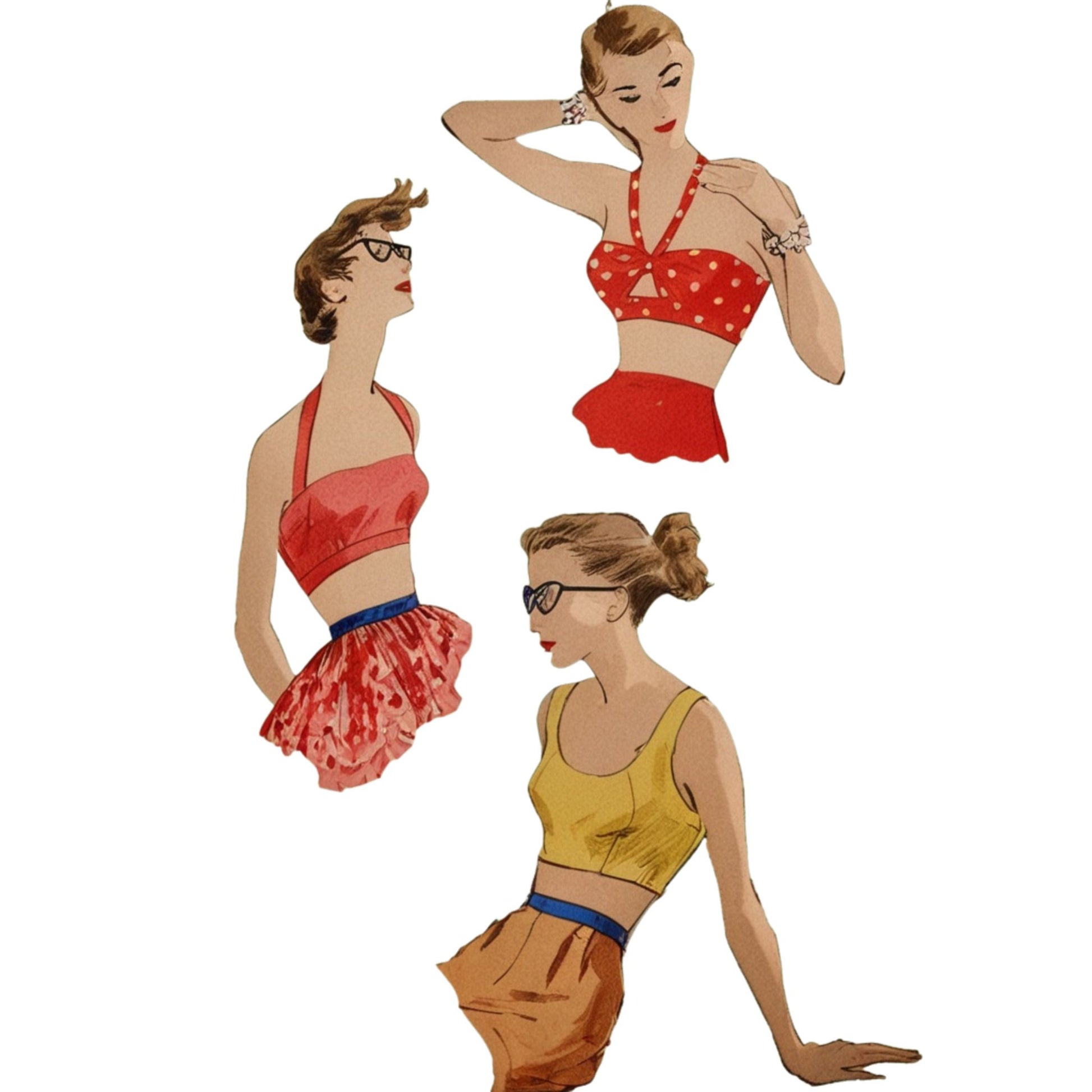 Three illustrated women in vintage-style outfits on a white background