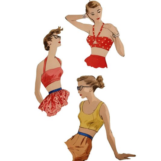 Three illustrated women in vintage-style outfits on a white background