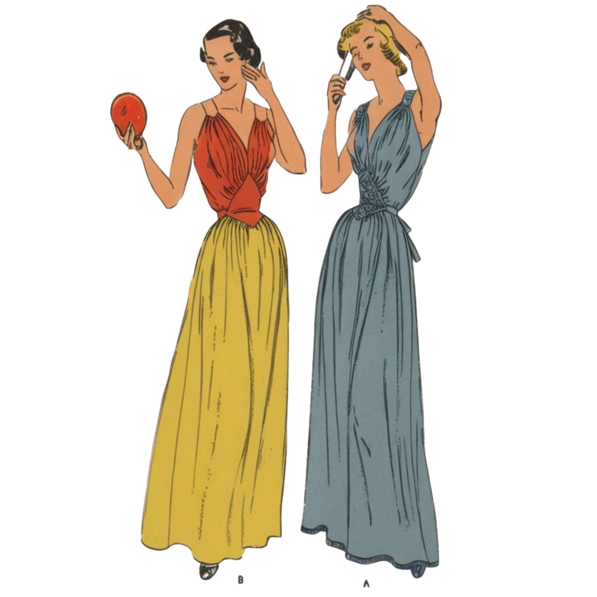 Two women wearing floor length night gowns. Left illustrates View B, right View A.