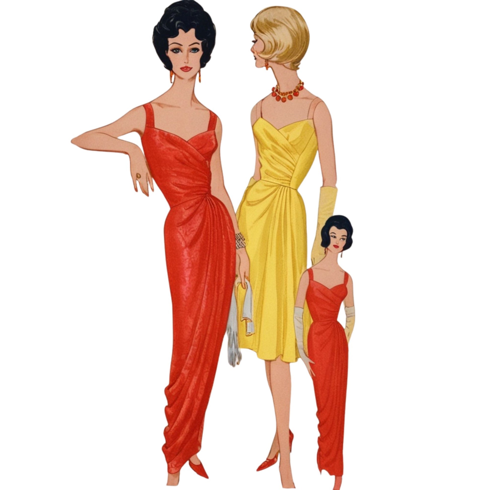 Illustration of three women in vintage evening gowns on a white background