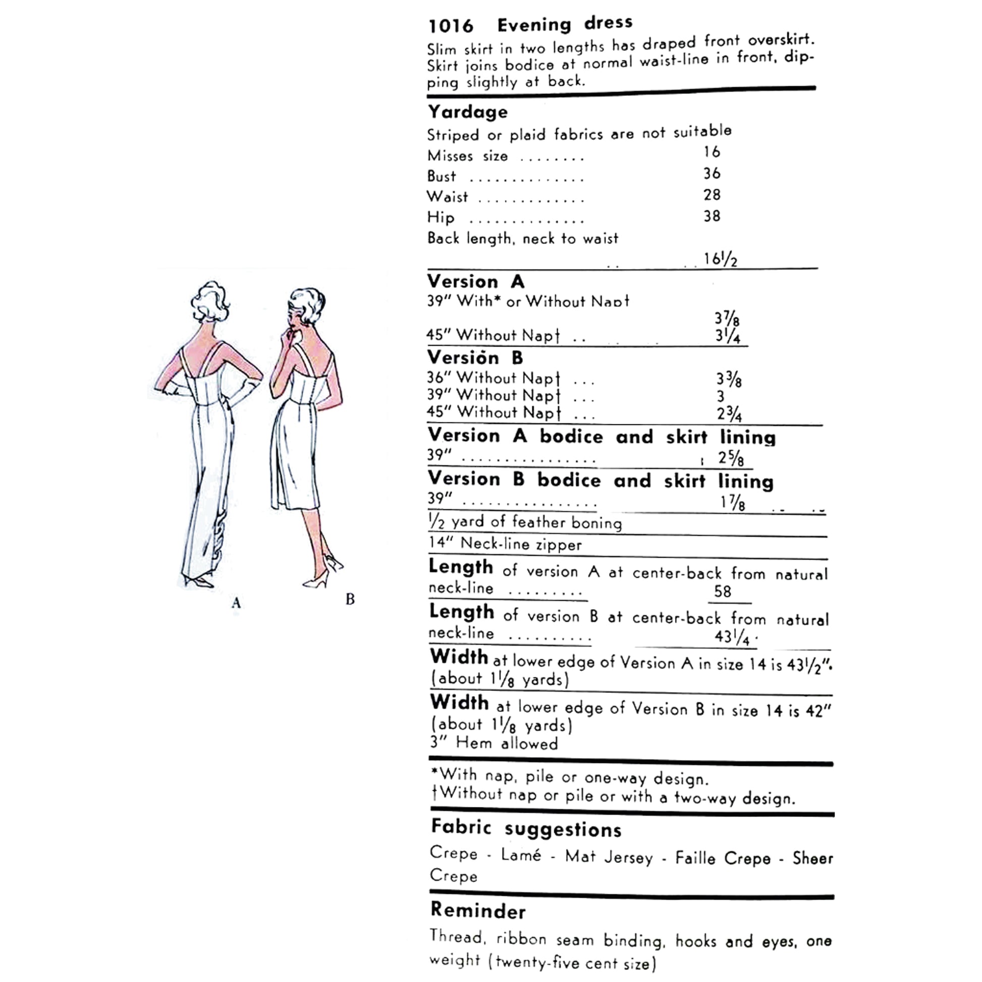 A sewing pattern measurement sheet for a 1016 evening dress, showing measurements. It also compares Version A and Version B.