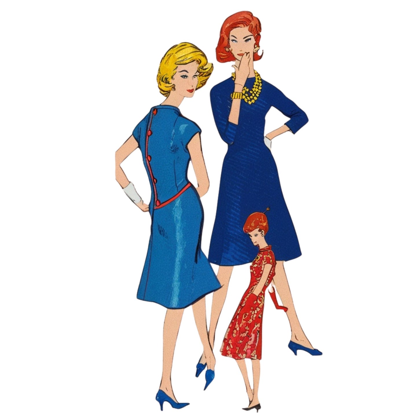 Illustration of three women in vintage-style blue and red dresses on a white background