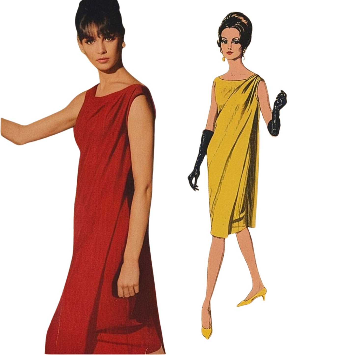Two fashion illustrations of women wearing red and yellow dresses on a white background.