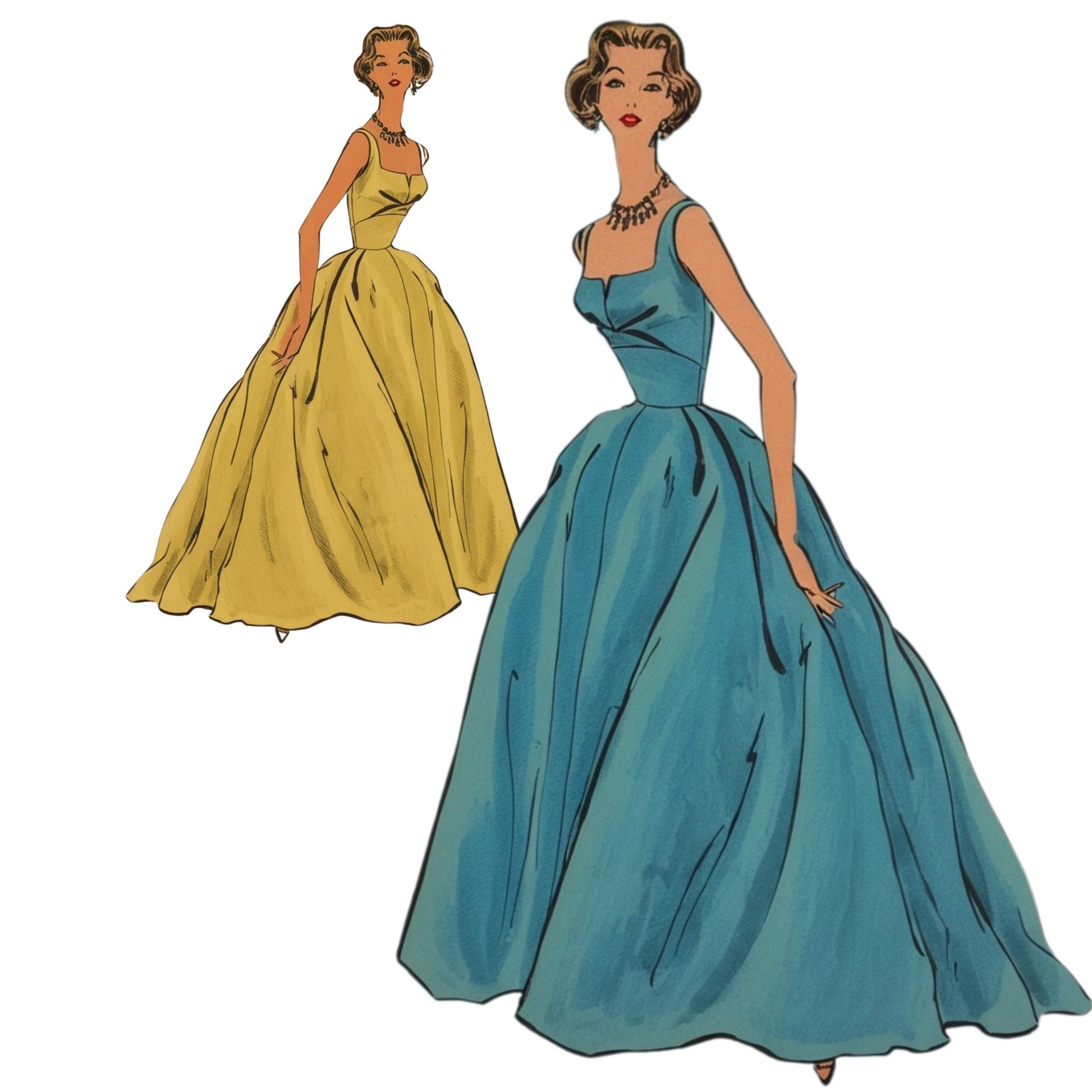 Two women in vintage-style evening gowns, one yellow and one blue, on a white background.