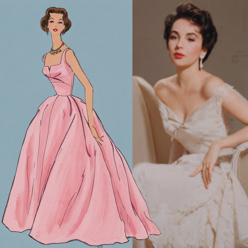 Side-by-side comparison of a pink evening gown illustration and a woman in a white dress.