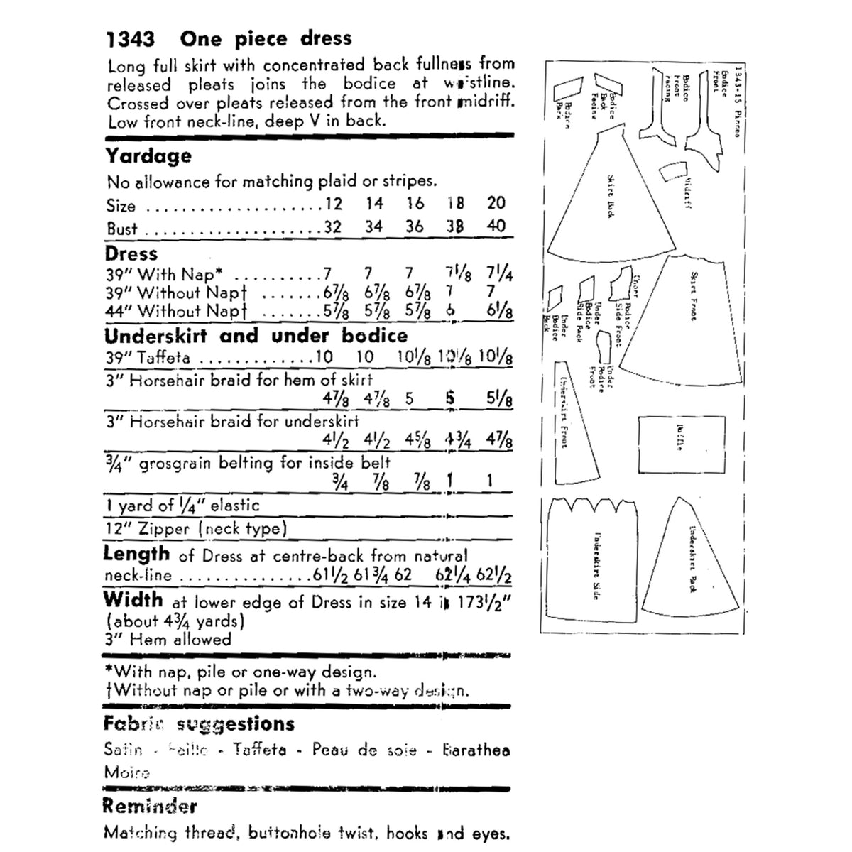 A vintage sewing pattern cover page for a '1343 One piece dress' pattern, featuring detailed text instructions, yardage measurements, and a black-and-white technical line drawing of the dress design.