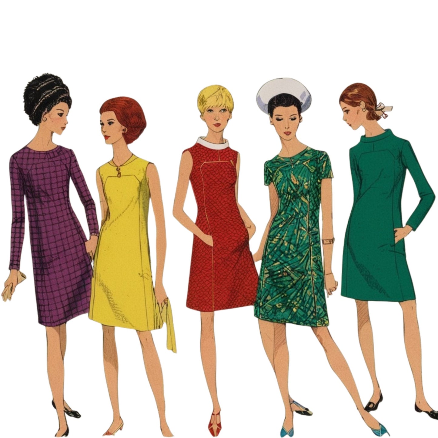 Five women wearing vintage dresses in different colors on a white background