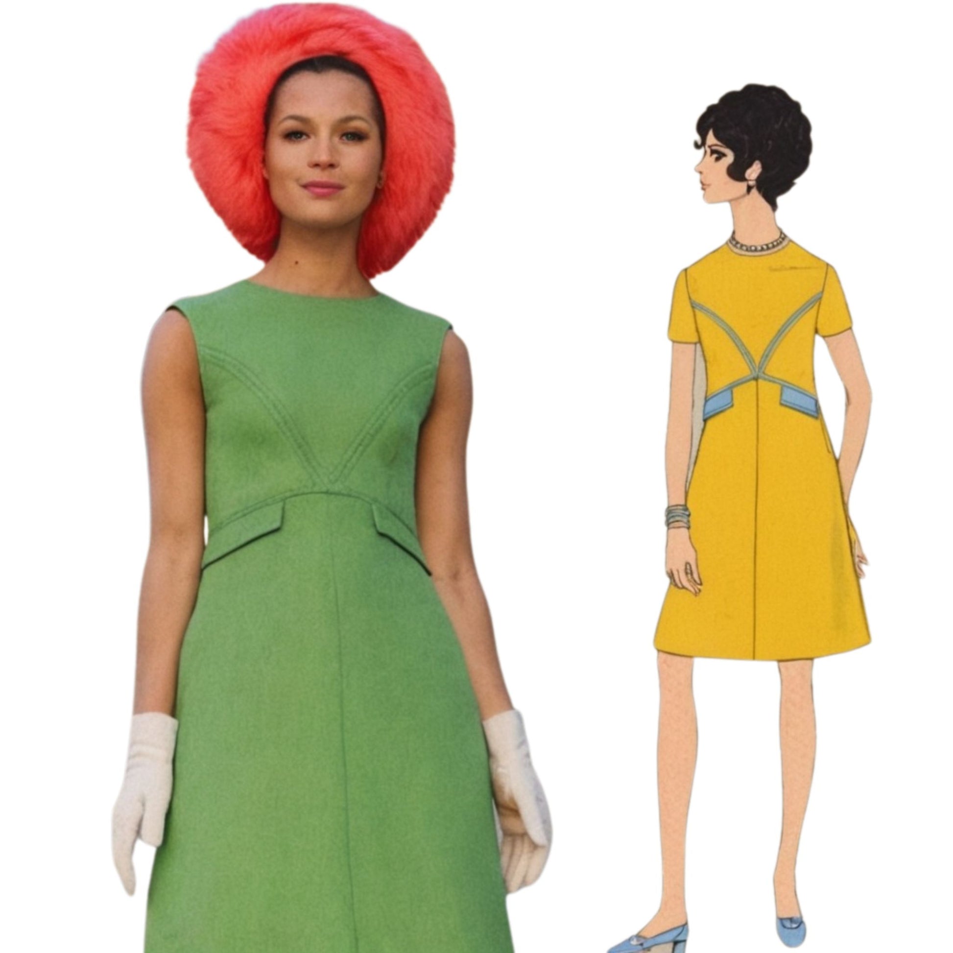 Woman in a green dress with a red wig next to an animated character in a yellow dress.