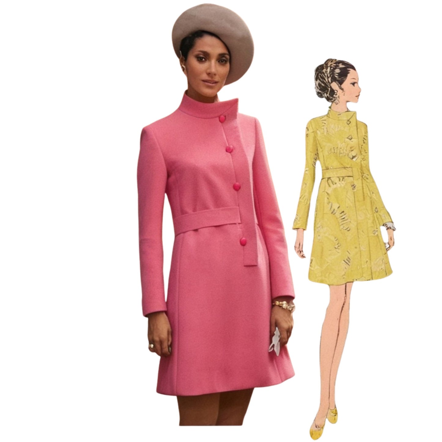 Woman wearing a pink coat with a smaller inset of a woman in a yellow coat.