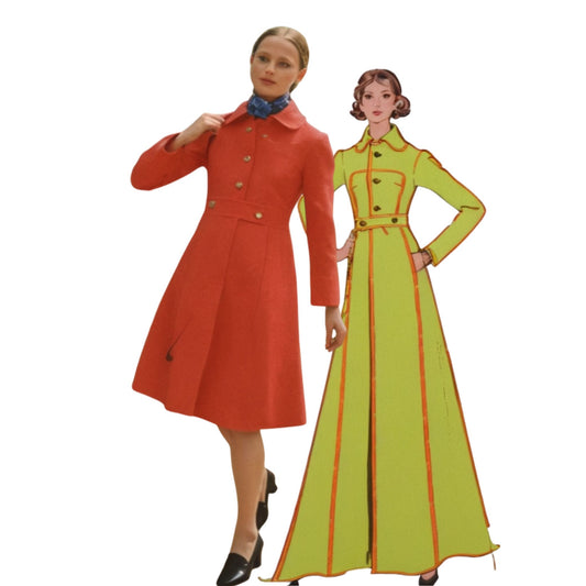Two vintage-style coats, one red and one green, on a white background.