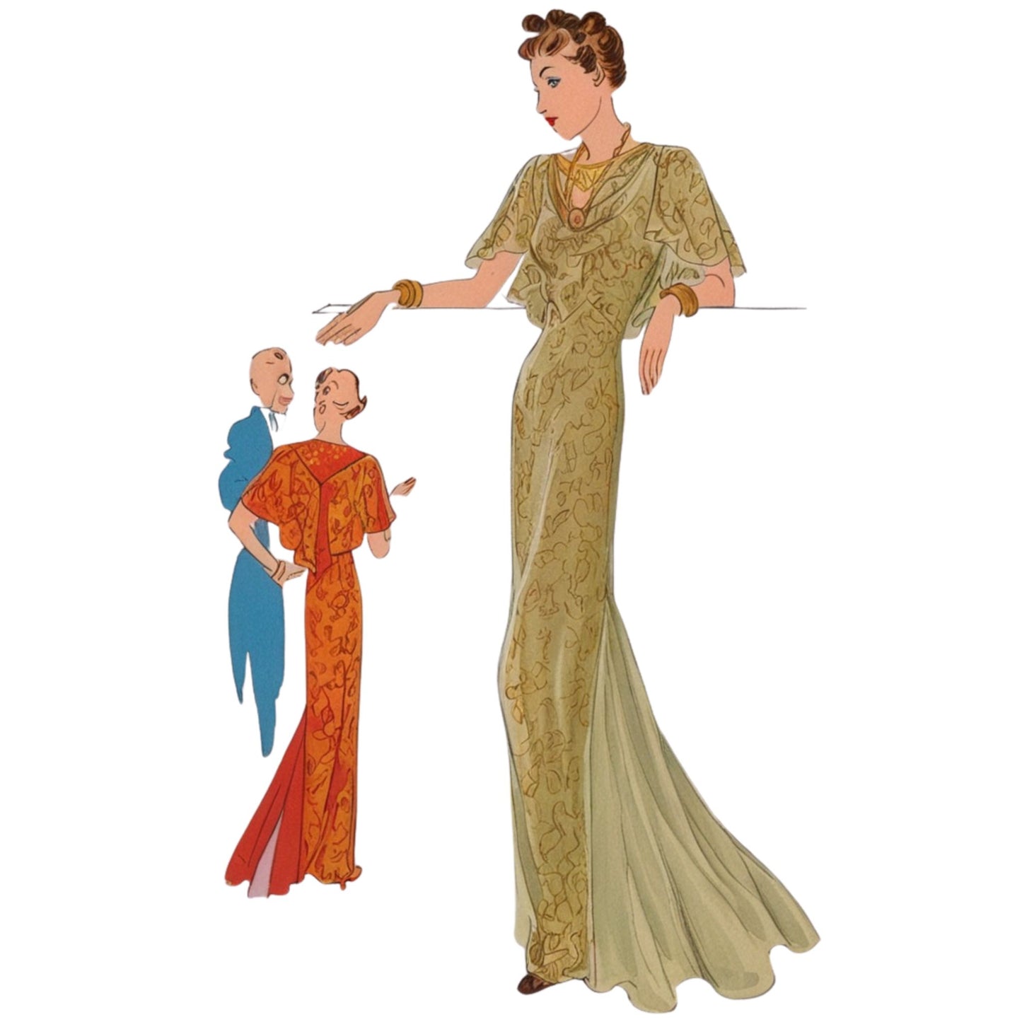 Illustration of a woman in a long, patterned dress holding a stick with two smaller figures on a white background.