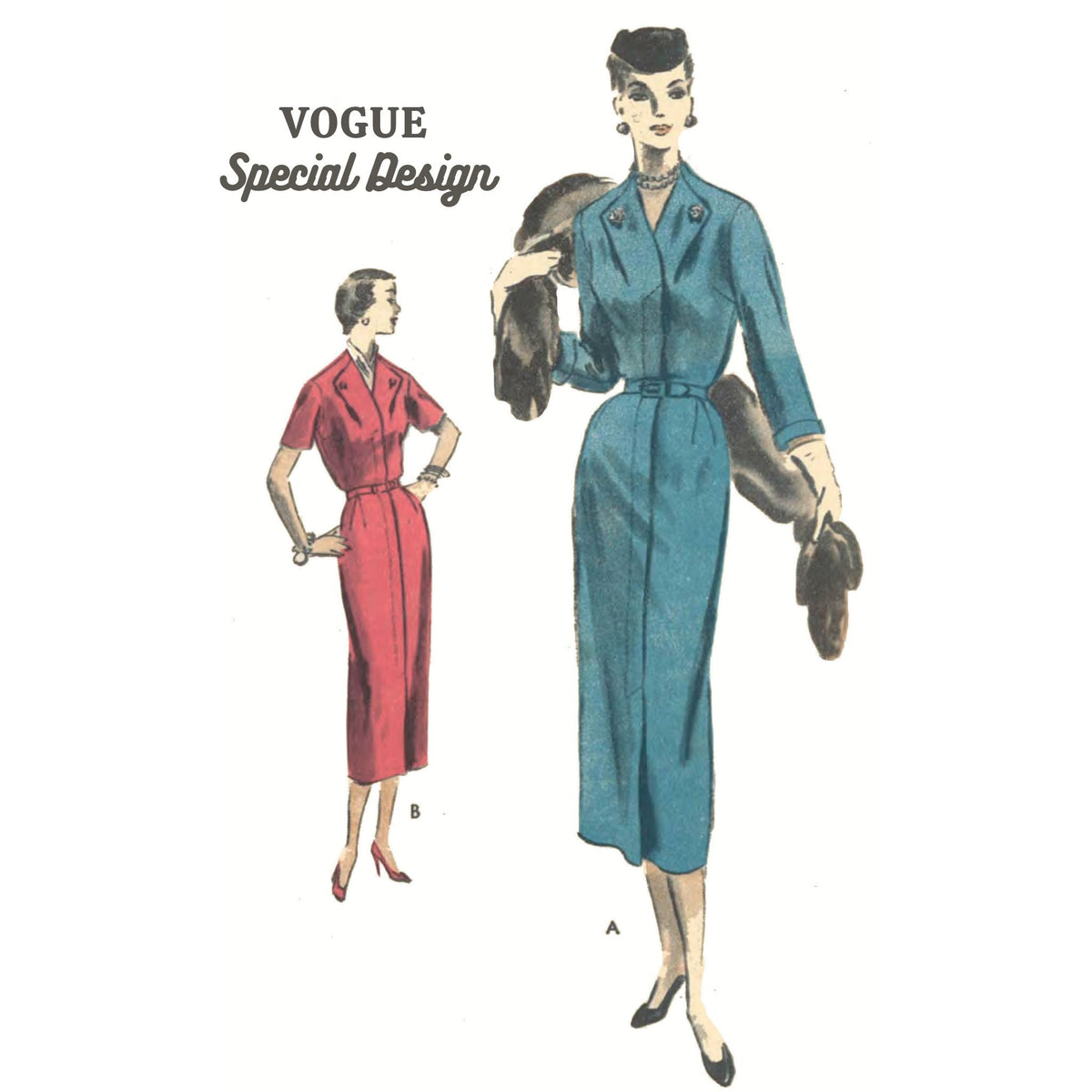 Vintage Vogue Special Design sewing pattern cover illustration showing two women modeling matching dress styles. One wears a red dress and the other a teal-blue dress, both with dark hats and heels, on a plain white background.