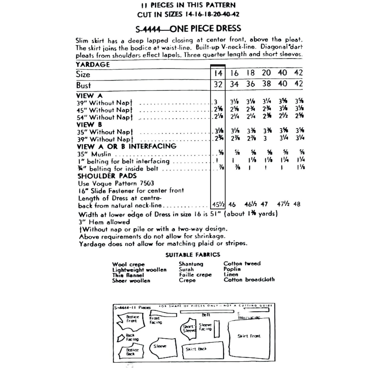 A printed pattern sheet showing measurements and fabric lists for a one-piece dress. The top contains cut-size instructions, a size table with bust measurements, view labels, pattern layout, and a small fabric guide.